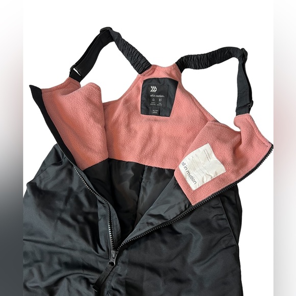 Girls Youth All In Motion Snow Bibs Pants SZ Med 7/8 Black & Pink Fleece Lining - Picture 3 of 6